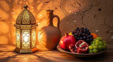 Ramadan composition with lantern and clay jug