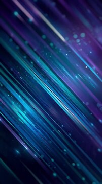 Abstract blue and purple streaks with glowing lights and particles moving diagonally across a dark background