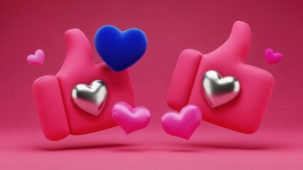 3D Thumbs Up and Hearts Digital Feedback Icon for Social Media Engagement