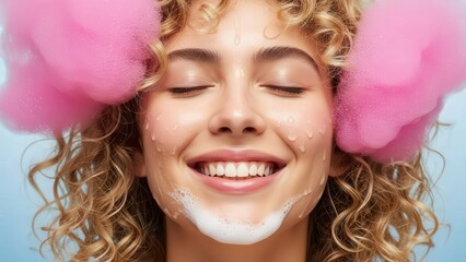 Refreshing Skincare Moment Happy Woman with Cleansing Foam and Whimsical Pink Fluff Portrait