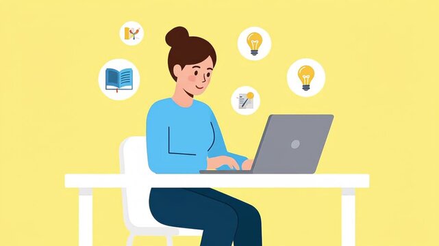 Creative Business Woman Working Typing Laptop Desk Idea Office Illustration
