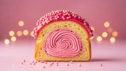 Sweet Pink Cream Filled Pastry with Sprinkles and Bokeh Lights on Pink Background