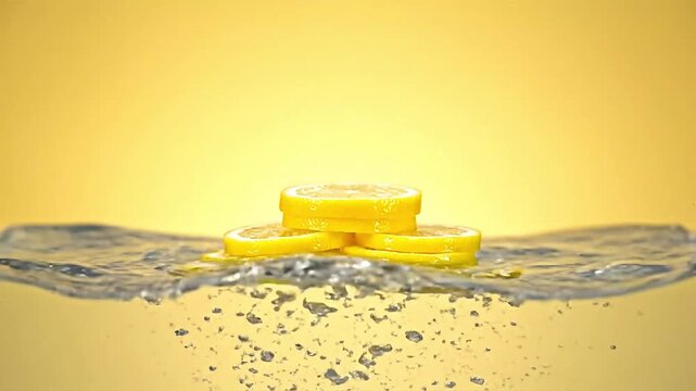Cinematic lemon slices falling into water showing citrus pulp and rind in a bright minimal setting.