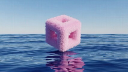 Soft Pink Fuzzy Cube Floating on Serene Blue Water with Reflection Abstract 3D Render