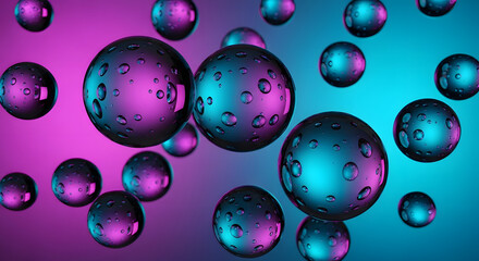 Glowing spheres float against vibrant gradient background with water droplets