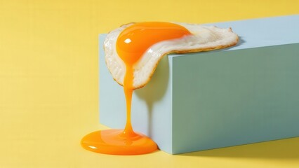 Abstract Fried Egg Dripping Yolk on Colorful Minimalist Background for Creative Food Concepts