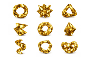 Golden 3d abstract geometric shapes collection representing luxury, success, and elegant design elements against a transparent background
