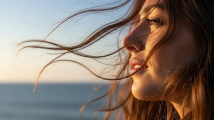 Beautiful Young Woman with Windblown Hair at Sunset by the Ocean Enjoying Nature s Breeze and Golden Light
