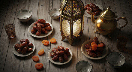 Dried dates and apricots with golden lantern on wooden table