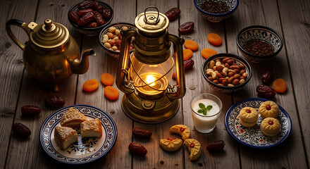 Ramadan iftar food table with dates tea and lantern