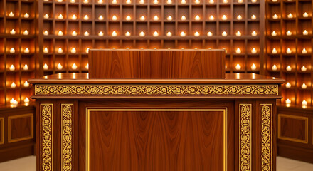 Brown wooden presentation desk with glowing candle background
