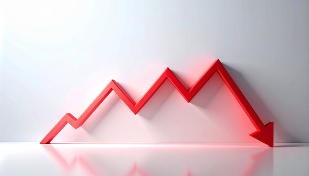 Red downward arrow chart with reflection on white surface showing financial decline and negative trend with minimalist clean style