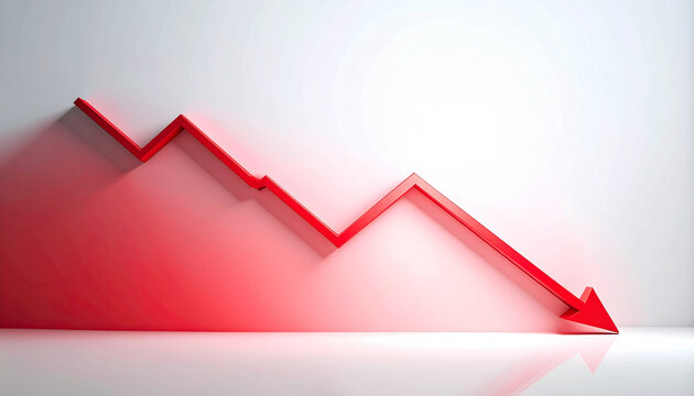 Red downward arrow chart showing financial decline and loss, minimal glossy red line graph with shadow and reflection, clean modern concept of decreasing trend and negative growth