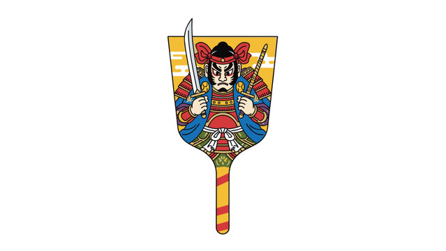 Illustration of a traditional Japanese hagoita paddle, intricately decorated with a colorful depiction of a fierce samurai warrior.