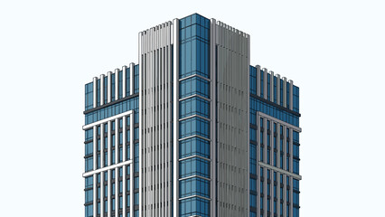 Obraz premium Detailed architectural line drawing of the top section of a modern skyscraper featuring blue glass windows and striking vertical fins.