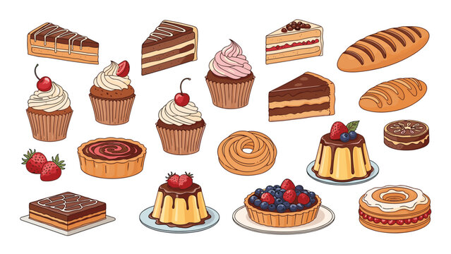 Large collection of various delicious hand-drawn bakery items, including cakes, cupcakes, tarts, puddings, and bread loaves.
