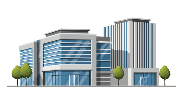 Clean vector illustration of a modern multi-story office building complex with large glass windows and green trees on a white background.