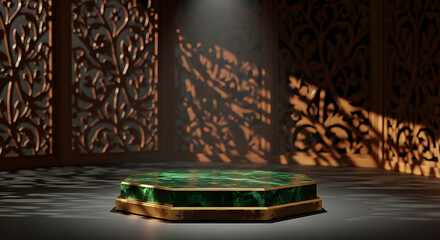 Round green marble podium with dramatic sunbeam lighting