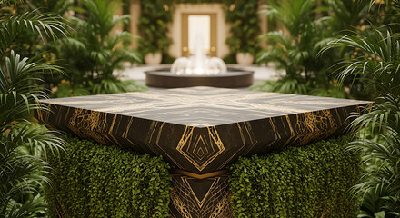 Black and gold marble podium in lush green garden