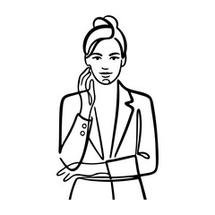 Dibujo minimalista con línea continua de una mujer profesional con chaqueta, con el brazo izquierdo cruzando el torso y el derecho tocando el rostro © teracreonte