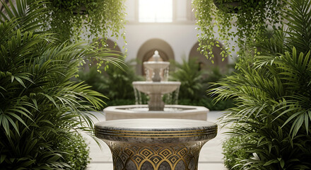 Round stone podium with fountain in green courtyard garden