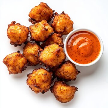 Golden fried husuppies are arranged artfully next to a small bowl filled with a vibrant, tangy dipping sauce on a clean, bright white surface, delicious!