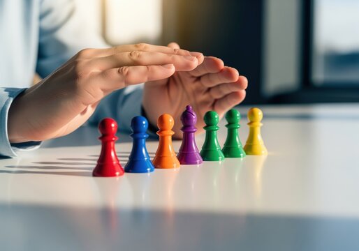 Protecting colorful game pieces on glossy white table by cupped hands