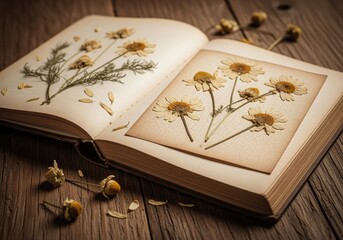 Antique botanical book with pressed chamomile flowers arranged inside pages