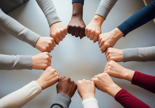 Diverse hands forming a tight circle with fists touching, symbolizing unity and community connection