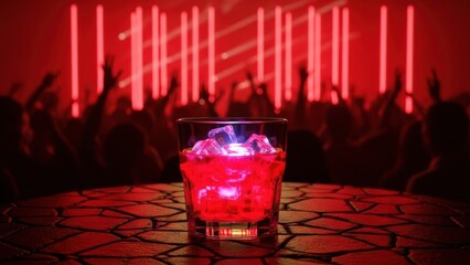 Glowing red cocktail with ice on a table in a vibrant nightclub