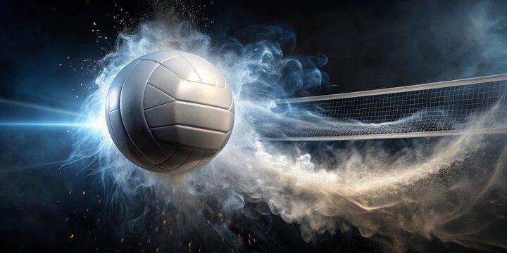 A silver volleyball hurtles towards a net, leaving a trail of dynamic smoke and dust in its wake.