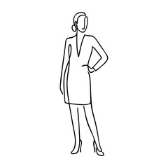 Dibujo minimalista con línea continua de una mujer profesional de pie con chaqueta y falda, con una mano en la cadera © teracreonte