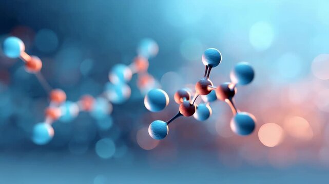 Detailed rotating propene molecule model against soft focus blue and orange background, highlighting atoms, bonds and molecular structure for science, chemistry and education visuals