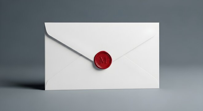 Elegant white envelope with red wax seal on gray background