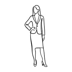 Dibujo minimalista con línea continua de una mujer profesional de pie con chaqueta y falda, con una mano en la cadera  © teracreonte