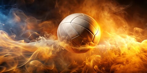 Fototapeta premium Fiery Volleyball Soaring Through Smoky Haze, a Dynamic Sports Image Perfect for Promotional Materials