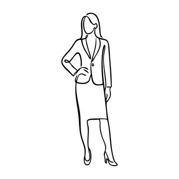 Dibujo minimalista con l&iacute;nea continua de una mujer profesional de pie con chaqueta y falda, con una mano en la cadera 