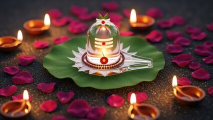 Hindu shiva lingam surrounded by candles and rose petals on green leaf