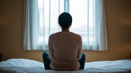 A person sits on a bed, gazing out a window, creating a contemplative and introspective atmosphere in a softly lit room.