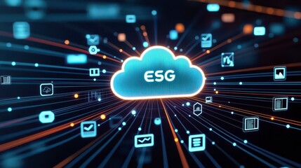 A digital cloud symbolizing ESG (Environmental, Social, Governance) with interconnected data points and streams of information.