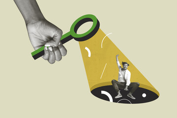 Sketch 3D collage of hiring occupation workspace recruitment entrepreneur hand hold magnifier glass...