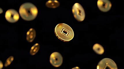 A collection of shimmering golden coins floating against a dark backdrop, symbolizing wealth and digital currency.