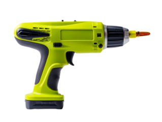 A close-up shot of a lime green and black power drill, perfect for home improvement tasks.  Isolated Transparent Background, PNG