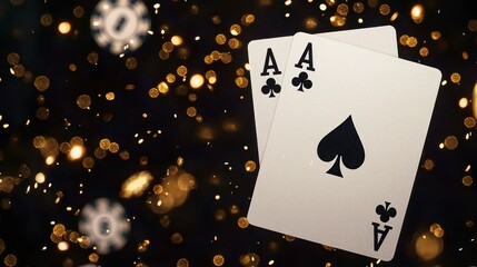 Two Ace of Spades playing cards are prominently displayed against a festive, glittering background, suggesting a theme of chance and excitement.