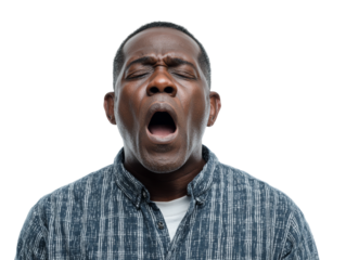 A portrait of a yawning black man with closed eyes. He appears to be experiencing strong emotion Isolated Transparent Background, PNG