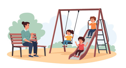 Adult watching cheerful young children enjoying playground activities including swinging and sliding creating joyous childhood memories together