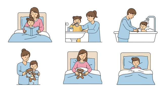 Family bedtime routine illustrations showing caring parenting moments from reading to bath time and sleep preparation