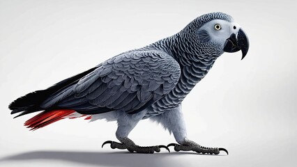 Obraz premium An African grey parrot (jacko) with grey plumage and a bright red tail stands on a white background, emphasizing its exotic beauty and intelligent expression.