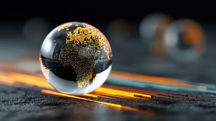 Clear globe with glowing golden landmasses, on dark tech surface with orange light trails