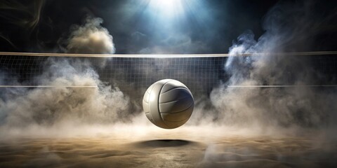 A volleyball floats dramatically above a hazy sand court, illuminated by a spotlight, ready for an intense game under the night sky